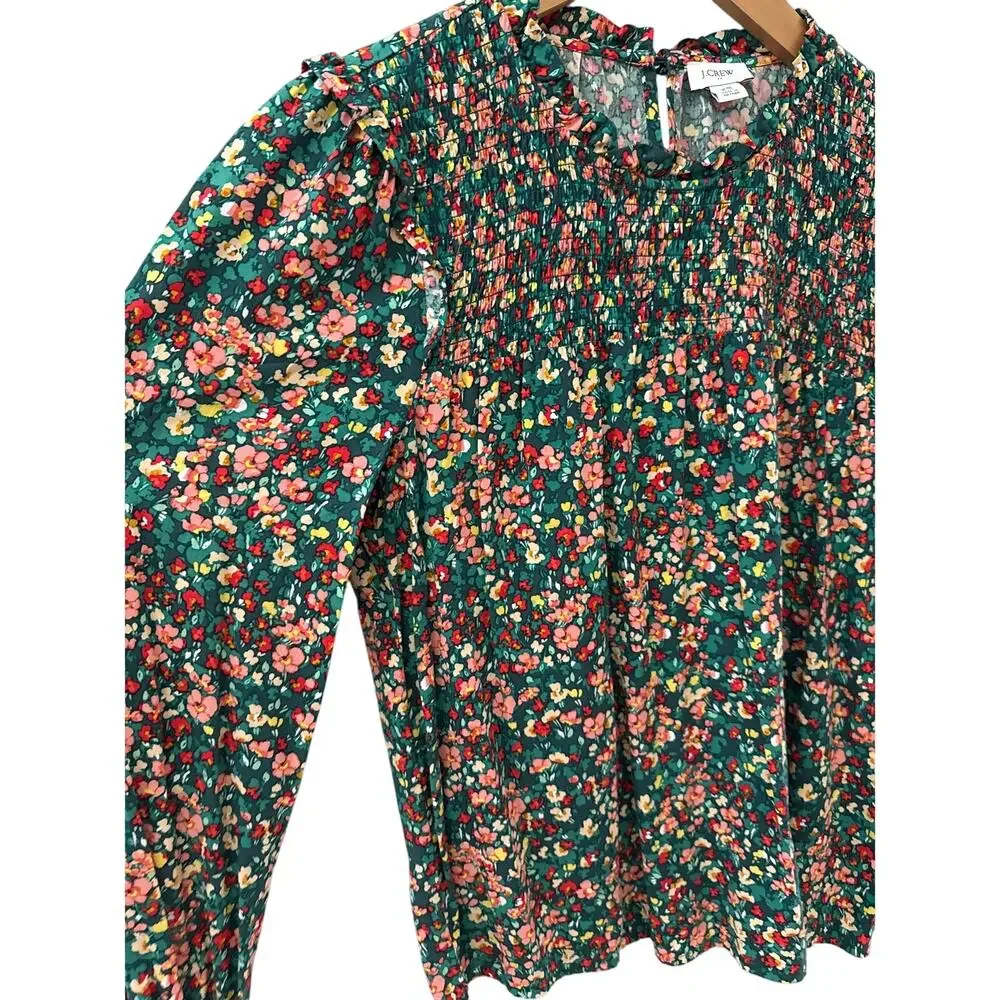 J. Crew Smocked Ruffleneck Top Old Forest‎ Coral Size XS